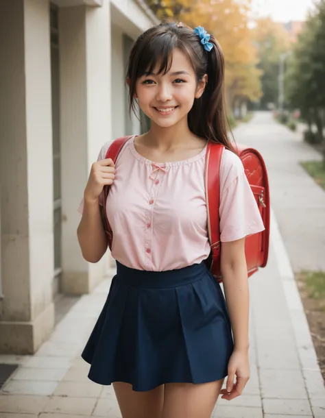 masterpiece, best quality, highres, 1girl, long hair, one side up, solo, ponytail,black hair, bare shoulders, pink shirt, short sleeves, off-shoulder shirt, frills, blue skirt, cowboy shot, smile,standing, wearing randoseru backpack, red backpack , outdoor...