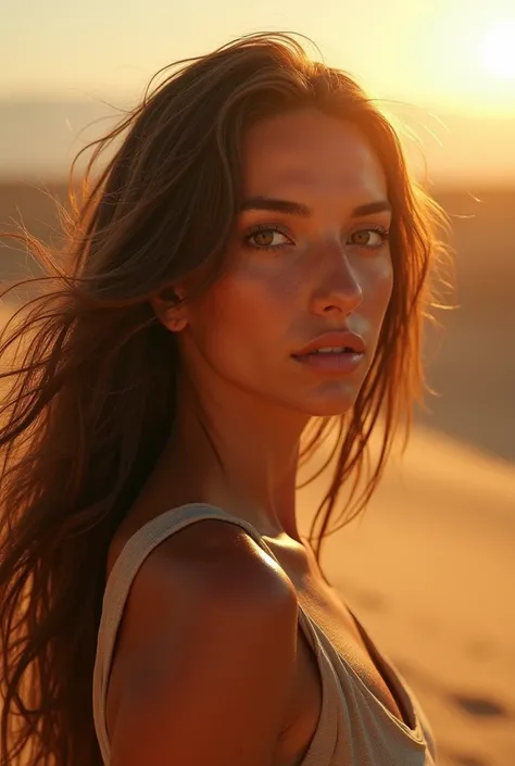 Long-haired brown woman all sweaty from the heat of the sun 