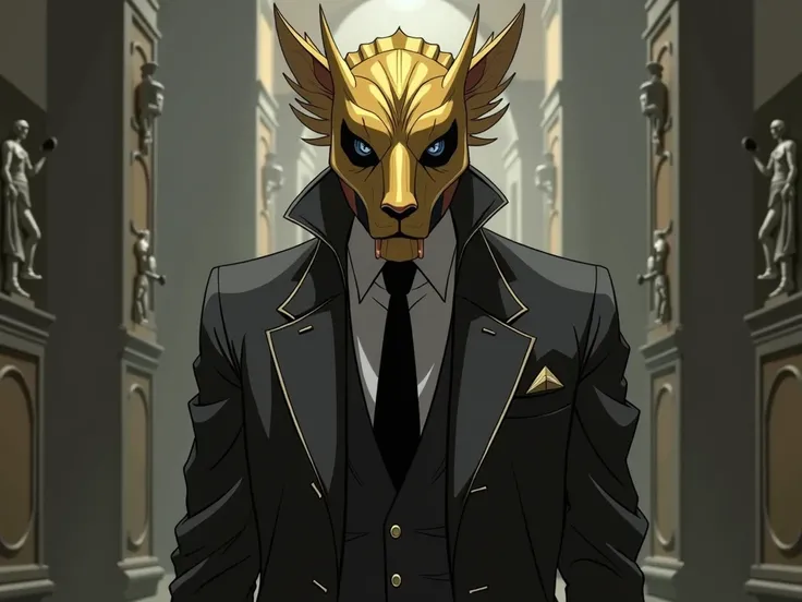 black suit,  with some armor on the shoulders and gloves with matte bronze colors.
 And a matte bronze mask made of chorus , anime,  mask must be partial showing the lower part of the face,  should resemble the top of a lions face .