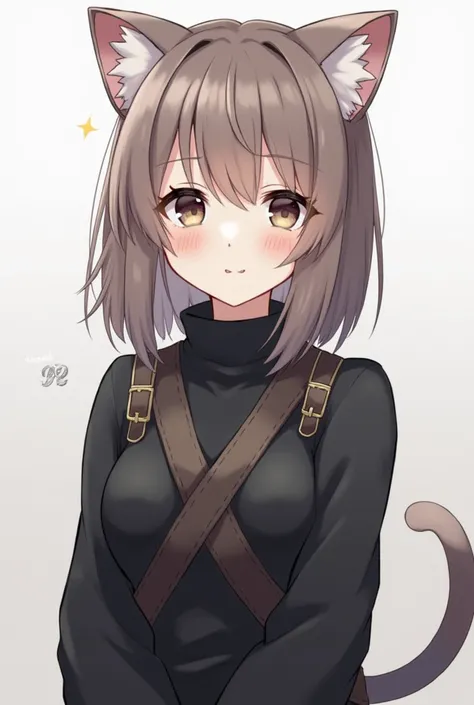 Girl with medium-long hair and cat ears 
Black and a sweater with a shirt with black straps in anime 