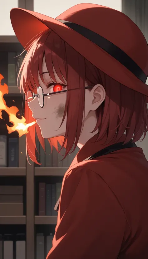 anime girl with Red Hair and glasses with long hair, Burning,  SHORT HAIR IN PROFILE , inspired Burning,  anime girl with long hair and red hat sitting on a shelf ,   ANIME GIRL PORTRAIT PROFILE ,  Red Glowing Eyes ,  gap moe yandere dark ,  long dark hair...