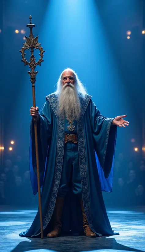 An elderly man, with fair skin, long gray hair, is in the center of a stage lit in the "Got Talent" style, shown in full body. He wears a long deep blue cloak with silver accents and sturdy boots. His posture is calm but full of authority, with one hand ho...