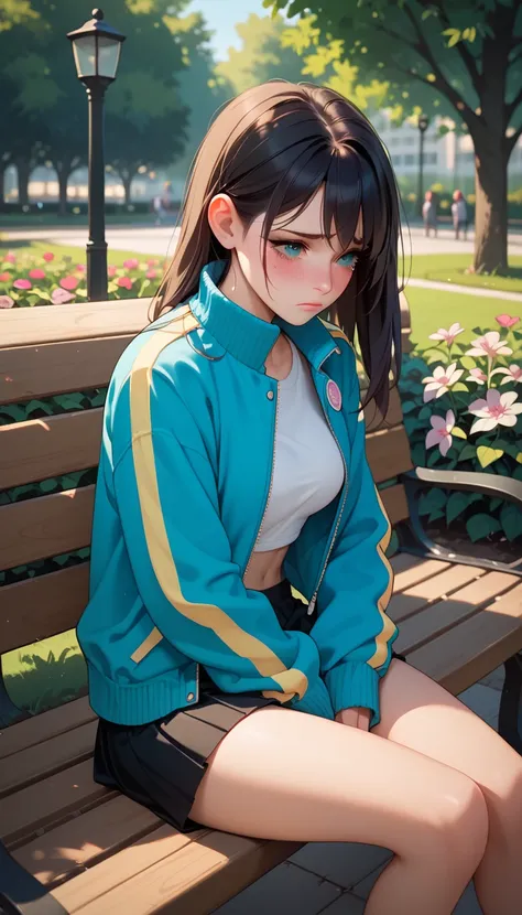 
score_9, score_8_up, score_7_up, 1girl,sad, cry, blushing, versity jacket, sit on bench, park, out side, flower, 