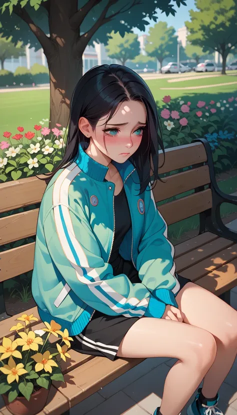 
score_9, score_8_up, score_7_up, 1girl,sad, cry, blushing, versity jacket, sit on bench, park, out side, flower, 