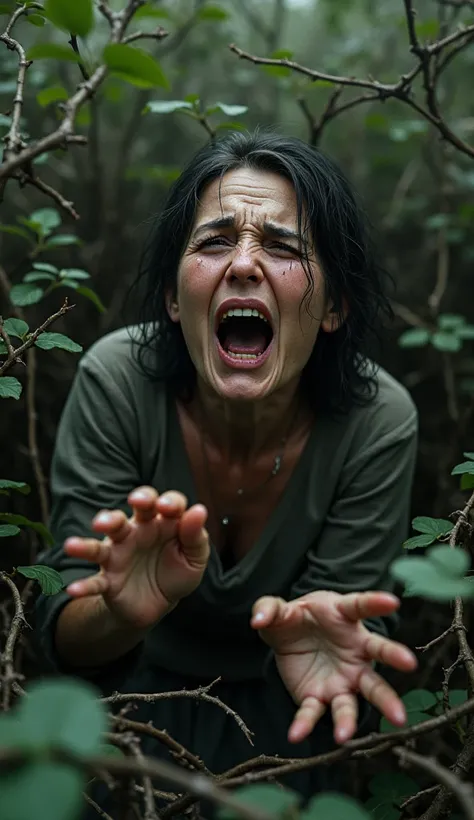 Ugly and crying woman ,  in the middle of the bush crying out to God