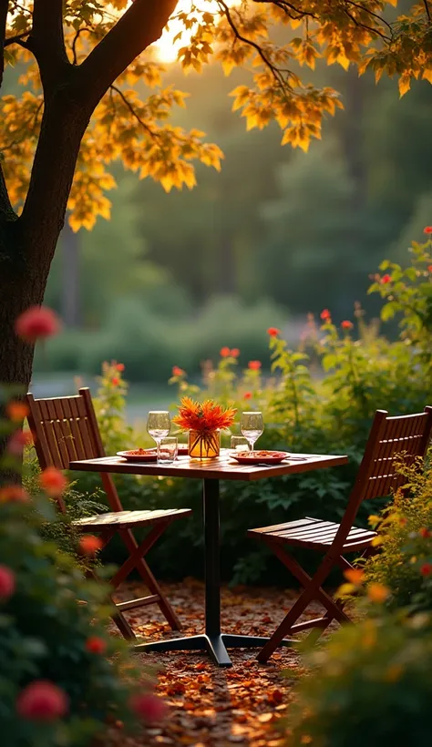 I want 9:16 image of plant nature park and evening like sitting table colourful leaves plant