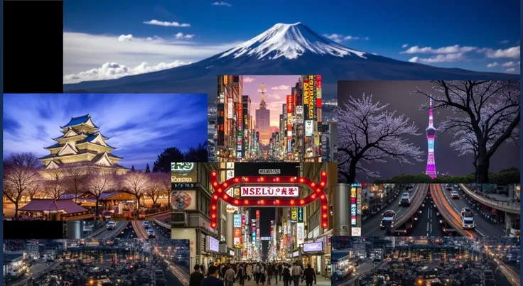 high quality, ultra realistic, night time, photography taken from far away, compilation of sceneries in japan, a few sakura blossoms in city life at shibuya crossroads with sushi restaurants at roadside in foreground, mountain fuji in background, with busy...