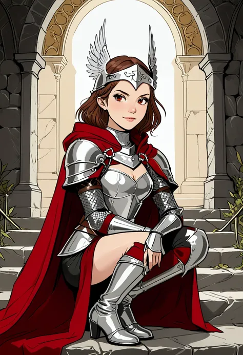 Title "2B Queen-Prepare to ascend the throne" in a gothic and medieval style font, to an idyllic image in Manga illustration style, of a beautiful young British girl with long brown hair, brown eyes. She is dressed as a Valkyrie with a short chainmail armo...