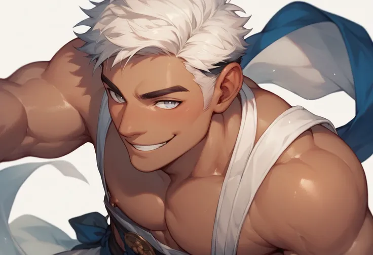 Male with tanned skin tall and muscular body with a white hair with white eyes and a menacing smile, hes wearing a monk costume and a halbert