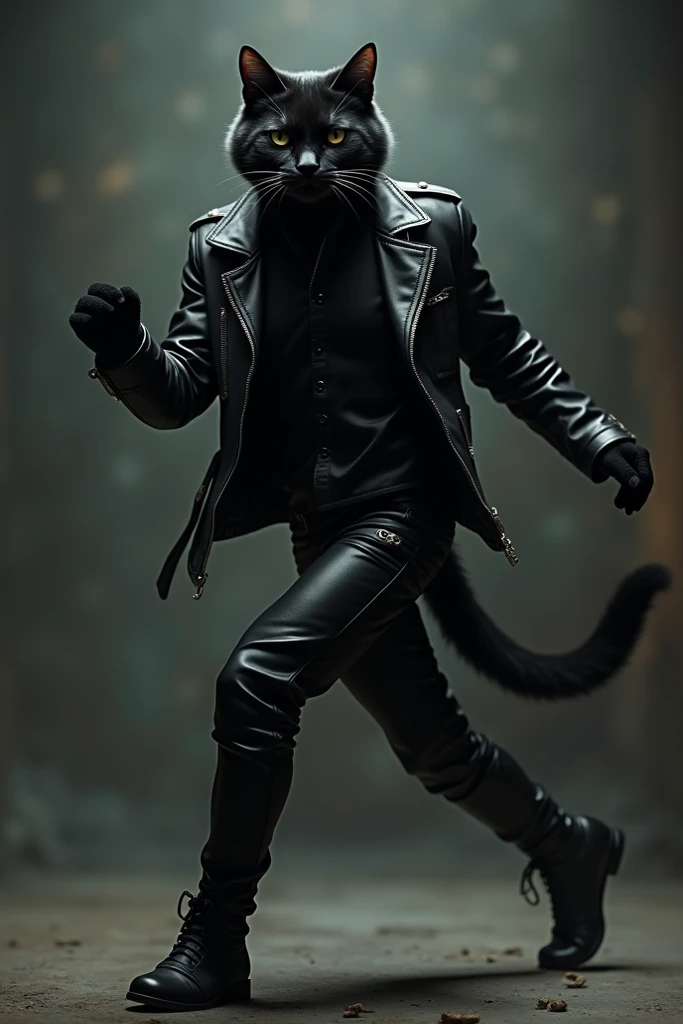 ((ultrarealismo)) black cat, with leather jacket,  Gothic, with black pants, dançando como um  Gothic homem. Dance of man . heterosexual (( hyperrealism)).