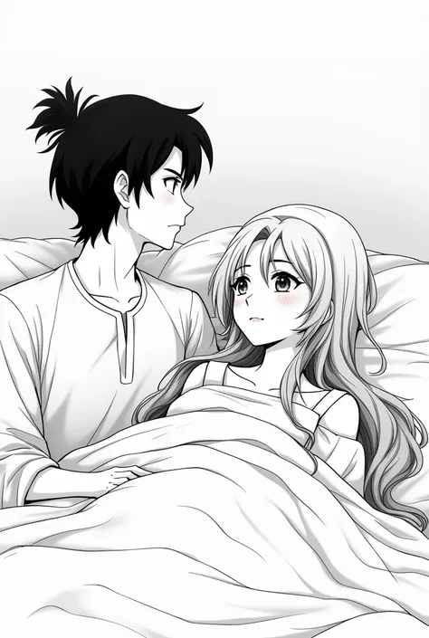 in the room a picture of a husband and wife on the bed because the wife has a fever and the husband is sitting on the bed, they are talking, the camera view from behind the man. his wife has free hair and they dress as masehi arab, manga artstyle black and...