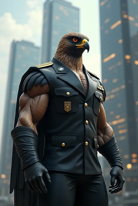 A falcon with a bodybuilder’s physique in military uniform, near modern skyscrapers