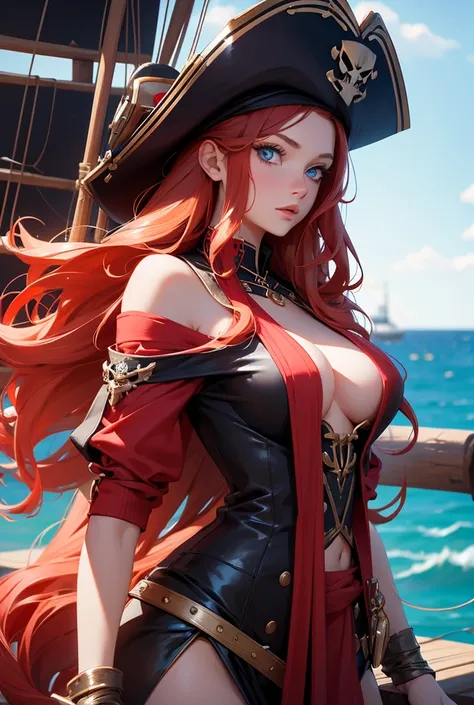 Beautiful sexy  girl with wavy long ginger  hair, with blue eyes wearing black and red  captain pirate ship