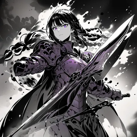 Top quality, masterpiece, high resolution, 8k, ink painting, monochrome, gekiga style, female knight, Long red braids, purple eyes, Wearing jet black armor ,  holding the Great Sword of Darkness