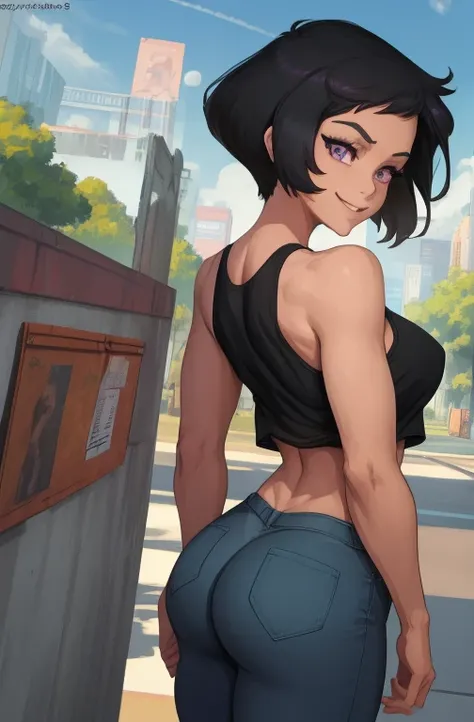 Lois Lane,  smiling, grey eyes, very short black hair, tomboyish hairstyle, looking back, 
 black undershirt, white tank top,  purple pants, loose clothes,
 outside,   park,  
standing,   from behind,  ass, 
toon (style), 
(insanely detailed, beautiful det...