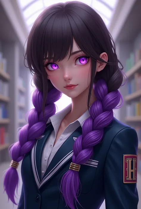  a brunette woman , purple eyes,  two purple braids that go up to the shin, a school uniform with an H on the arm