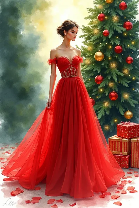 I want watercolor sketch of woman with red dress. Take gifts of christmas and chrismas tree. No face. Seems like fashion cover magazine.