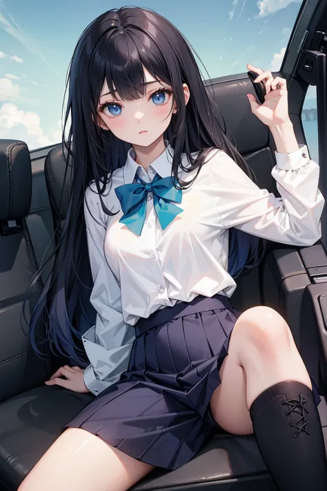  high school student ， Has long, dark hair ， with warm blue eyes ， Wore a fresh blue suit and black boots ， pure white collar and bright green bow 。 has long dark hair and warm blue eyes ， sitting in a car seat ， Striking a seductive pose,Spread your legs