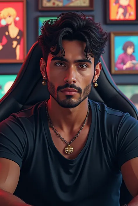 Brunette Brazilian man with brown eyes , earring.
With the wall behind him filled with anime frames sitting in a gamer chair.