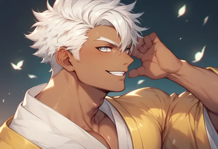 Male with tanned skin tall and muscular body with a white hair with white eyes and a menacing smile, hes wearing a black and yellow kimono