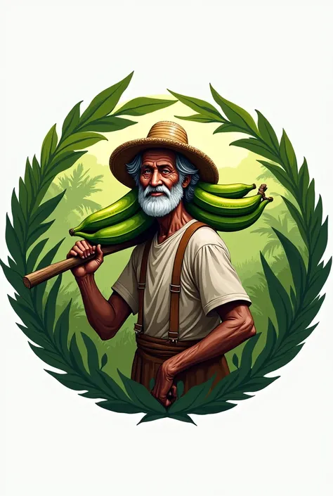 A logo of a peasant man carrying two green plantains with a stick to carry the two green plantains that can be seen in an area depicting banana bushes and that is the circular logo with small leaves around it 