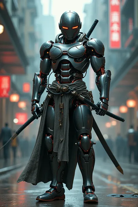 
"Transform the futuristic, cybernetic warrior wearing a helmet with a visor, intricate mechanical mask, and suit with katanas strapped to the back into a hyper-realistic full-body robot. Replace the entire body with metallic parts, gears, and wires, maint...