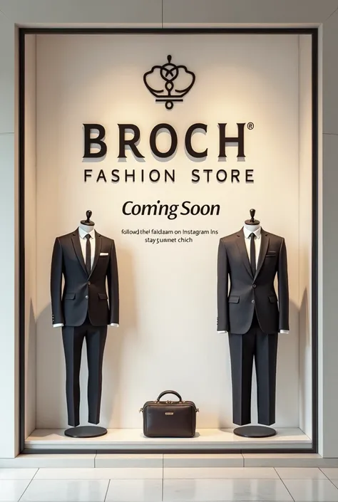 A poster on the wall which has the content of brooch fashion store coming soon poster , follow us on Instagram &stay tuned  it is an gents wear clothing online page everything should be in english 
