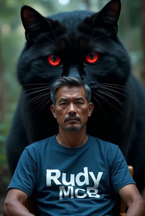  A handsome 40-year-old Indonesian man wearing a blue t-shirt with the inscription"RUDY MCB ", with expressive writing style ,
am sitting , Behind the man is a giant black cat with red eyes and spooky as if it were about to pounce
UHD 16K