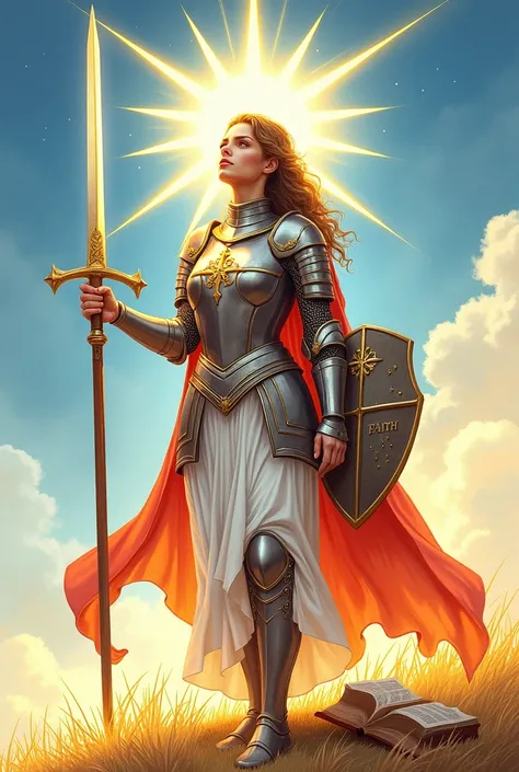  draw a woman symbolizing a prayer warrior .standing,  with the sword raised and a Bible . Give her an expression of strength and serenity , looking at the sky. Include traits that convey determination ,  such as slightly arched eyebrows and lips closed in...