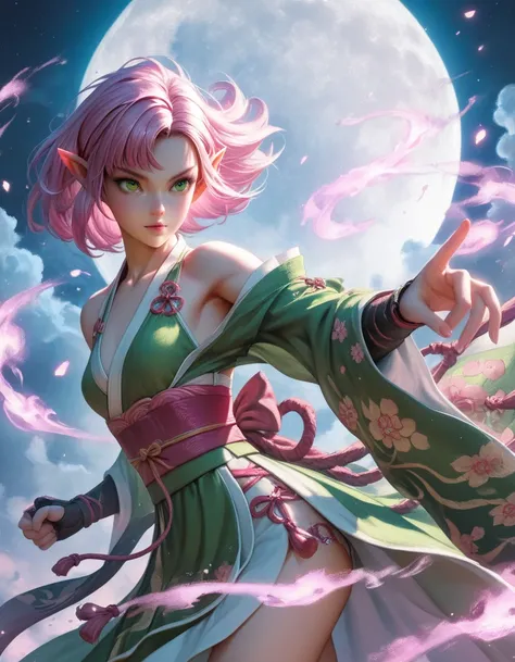 score_9, score_8_up, score_7_up, score_6_up, score_5_up, score_4_up, traditional japanese art, fighting stance, masterpiece, highres, 1girl, sexy elf woman, detailed green eyes, perfect detailed face, pointy ears, medium pink hair, mystical, sensual, slim,...