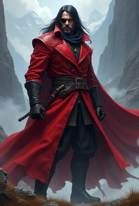 Fantasy hero with long black hair, a long red coat and a eye patch 