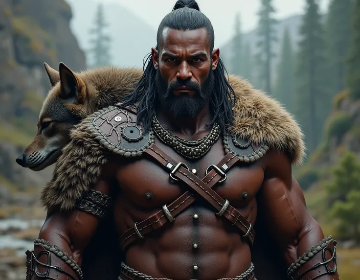 the image of a character, A black skinned man, Hunter&#39;s clothes,  wearing leather armor with a wolfs skin, Wolf head on the shoulder pad . 