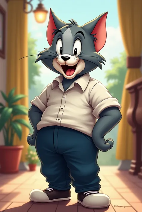 Create me an image of the cat Tom with pants and shirt