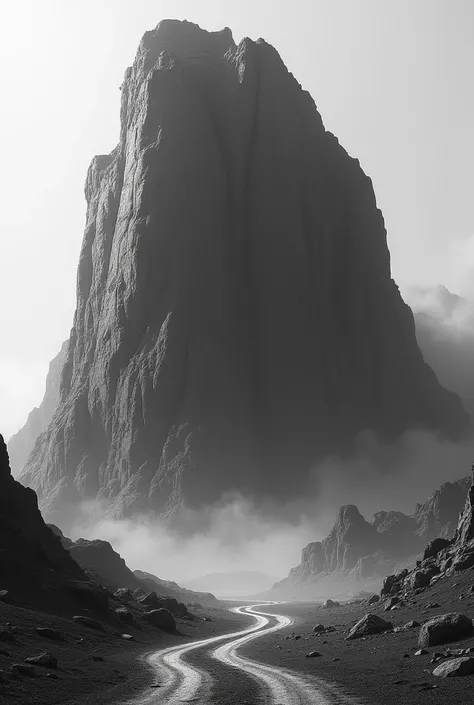 A beautiful huge black rock on a dirt road black and white image 