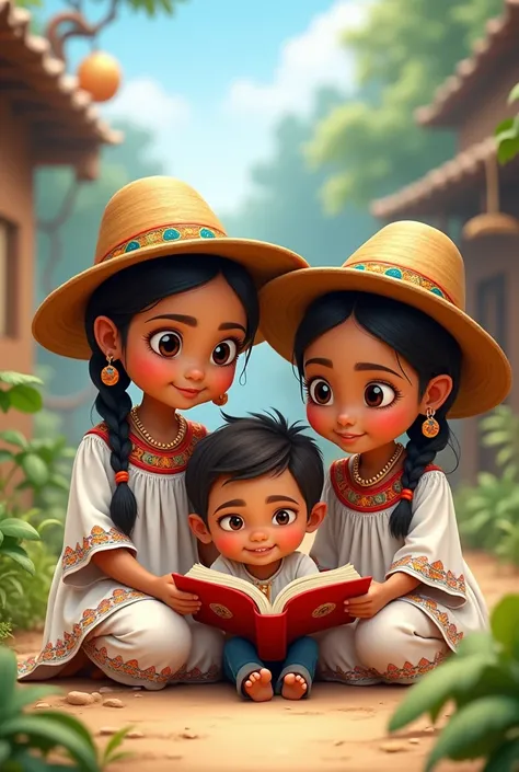 I would like you to believe me two girls in a white Chiquitano costume with 2 braids and a boy with knee-length pants and a white shirt both wearing a salt hat who are reading stories, Let the images be cartoons 
