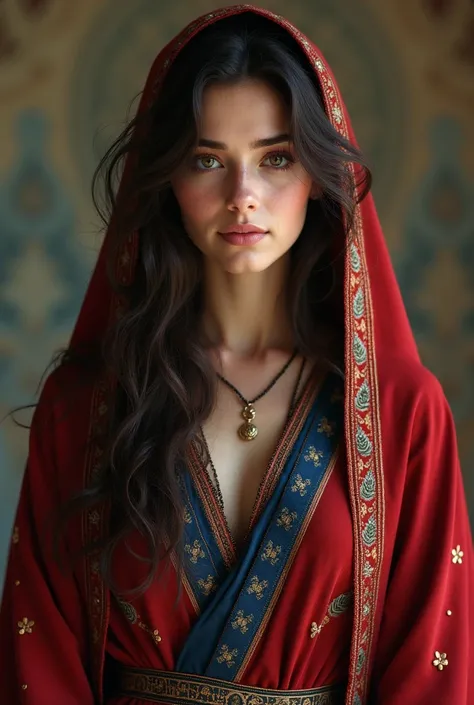 Young Jewish Woman, wearing ancient Persian garments with a red and blue cloak, dark brown loose long hair, with red eyeshadow