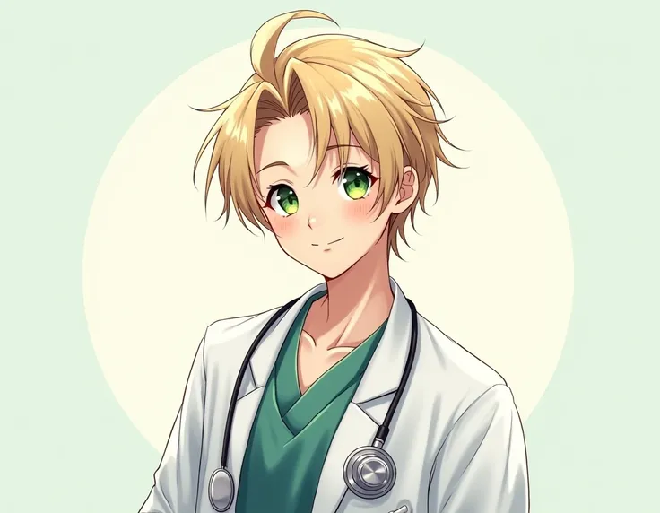  Manhwa-style illustration of a young doctor with blond hair and green eyes, He has a tender smile .