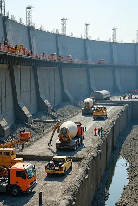 A large infrastructure project on an open site, with the concreting of massive beams in progress. In the background, an imposing concrete dam under construction,  with cranes positioning huge metal forms and concrete mixer trucks continuously unloading con...