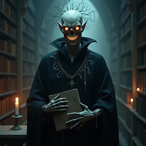 A mysterious humanoid figure known as the Archivist of Shadows, standing tall in a haunting, otherworldly library. His skin is a pale, almost translucent gray, with angular, gaunt facial features that suggest an ancient and enigmatic presence. His glowing ...