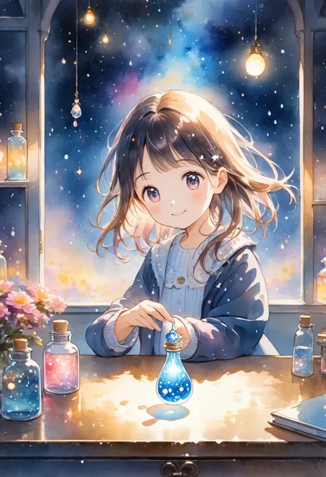 A smiling girl holding a stardust drop in her hand, there is a desk in front of the girl, on the desk is a glass bottle filled with stardust drops, a slightly dark room at night, the drops are glowing, watercolor style, anime style illustration