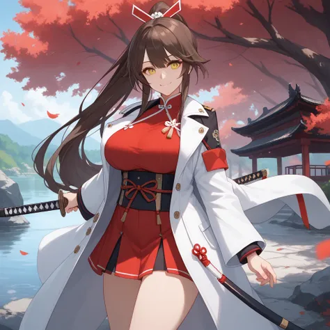 A woman wearing a red sleeveless dress, short skirt, wearing a long white coat with stiff designs, open coat, long hair, brown hair, long ponytail, red flower in her hair, orange eyes, smiling, big breasts, standing upright , holding a katana without a she...