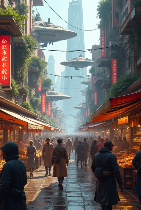 Describe a bustling marketplace in a futuristic floating city where advanced technology blends seamlessly with ancient traditions. Focus on the sights, sounds, smells, and interactions between merchants and customers from various alien species. Highlight h...