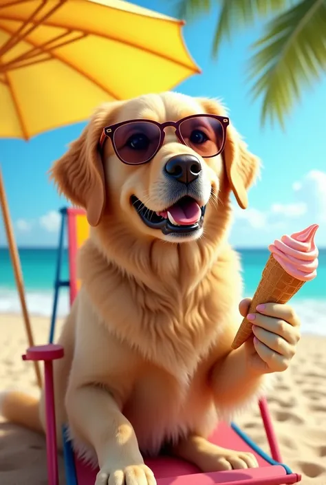 A realistic golden retriever wearing sunglasses, sitting on a colorful beach chair at the beach, enjoying an ice cream cone. The dog is holding the ice cream cone with a dog paw. The scene is vibrant and cheerful, with bright colors, a sunny sky, and gentl...