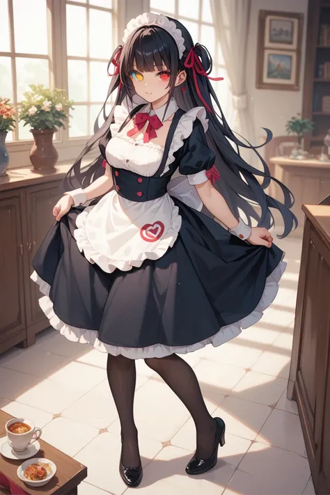 Female nekomata maid girl with long dark hair and with heterochromia eyes with red eyes with little bit of pink in the pupil in the right eye and big boobs full body image