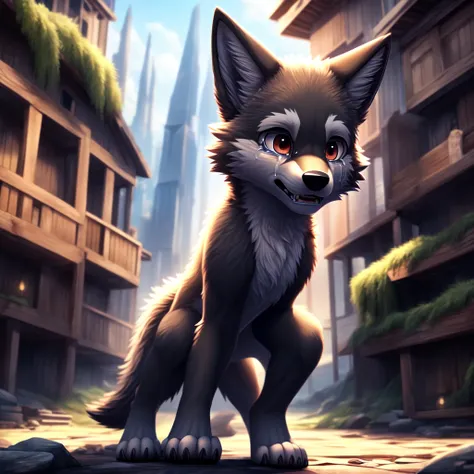 ( detailed crying ,  detailed face ,  detailed background ,  detailed body ),  detailed quality, 4K,  high resolution, highly detailed
A  , Who turns into a wolf cub he is very afraid 