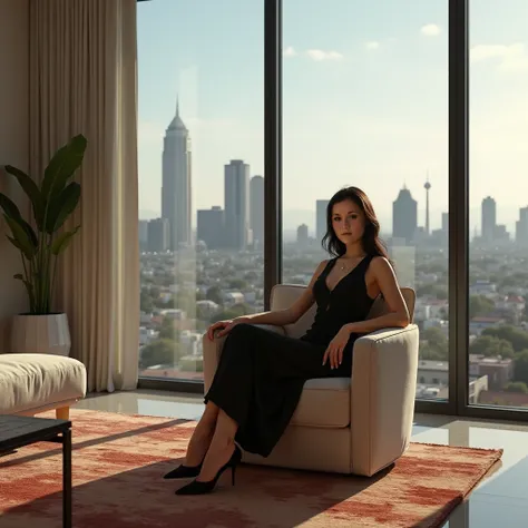 portrait of Katie Chang sitting on a chair in a luxuous house with glass walls, in the background a landscape of Los Angles, Califórnia, at day