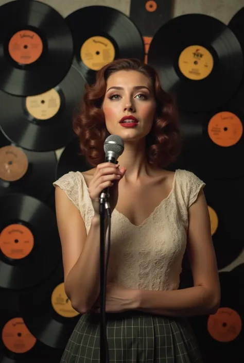 This image captures a beautifully styled singer, imbued with the charm of a bygone era, performing with evident passion. She is situated against a unique backdrop of vintage vinyl records, which adds an authentic retro vibe to the scene. Her attire, remini...