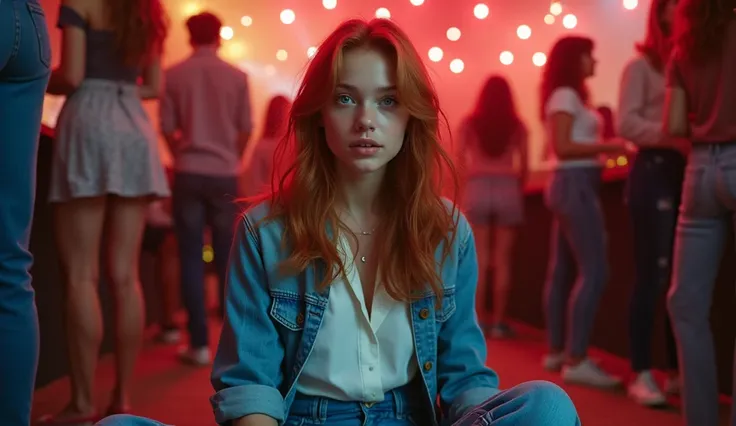  Australian girl, with white blouse, blue eyes, wearing a denim jacket, wavy red hair, jeans.  girl at a party at night, sitting on the floor of a room with teenagers. Canon EOS R with 35mm f/1.8 lens, f/2.2 aperture, 1/200s shutter speed, ISO 100 and natu...