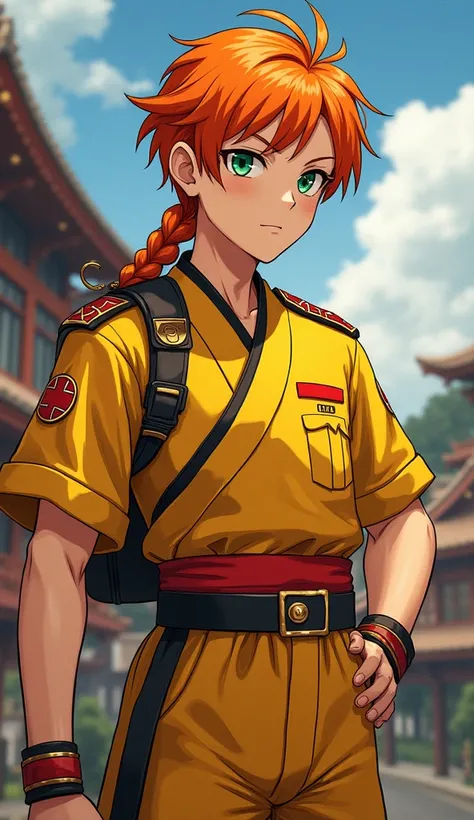 Boy,  orange hair, green eyes, strong body,smile, yellow and red japanese soldier uniform [[[ high quality ]]][[[tall details ]]] Ultra HD,  high resolution, straight hair with long braid