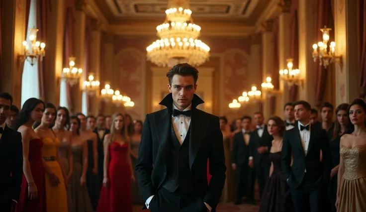 "A young vampire standing confidently at the center of a grand Victorian ballroom, surrounded by elegantly dressed guests who hang on his every word. The vampire’s composed demeanor exudes charm and authority, while the guests’ faces reflect admiration and...